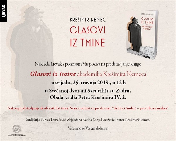 Poziv na predstavljanje knjige akademika Krešimira Nemeca "Glasovi iz tmine – krležološke rasprave"